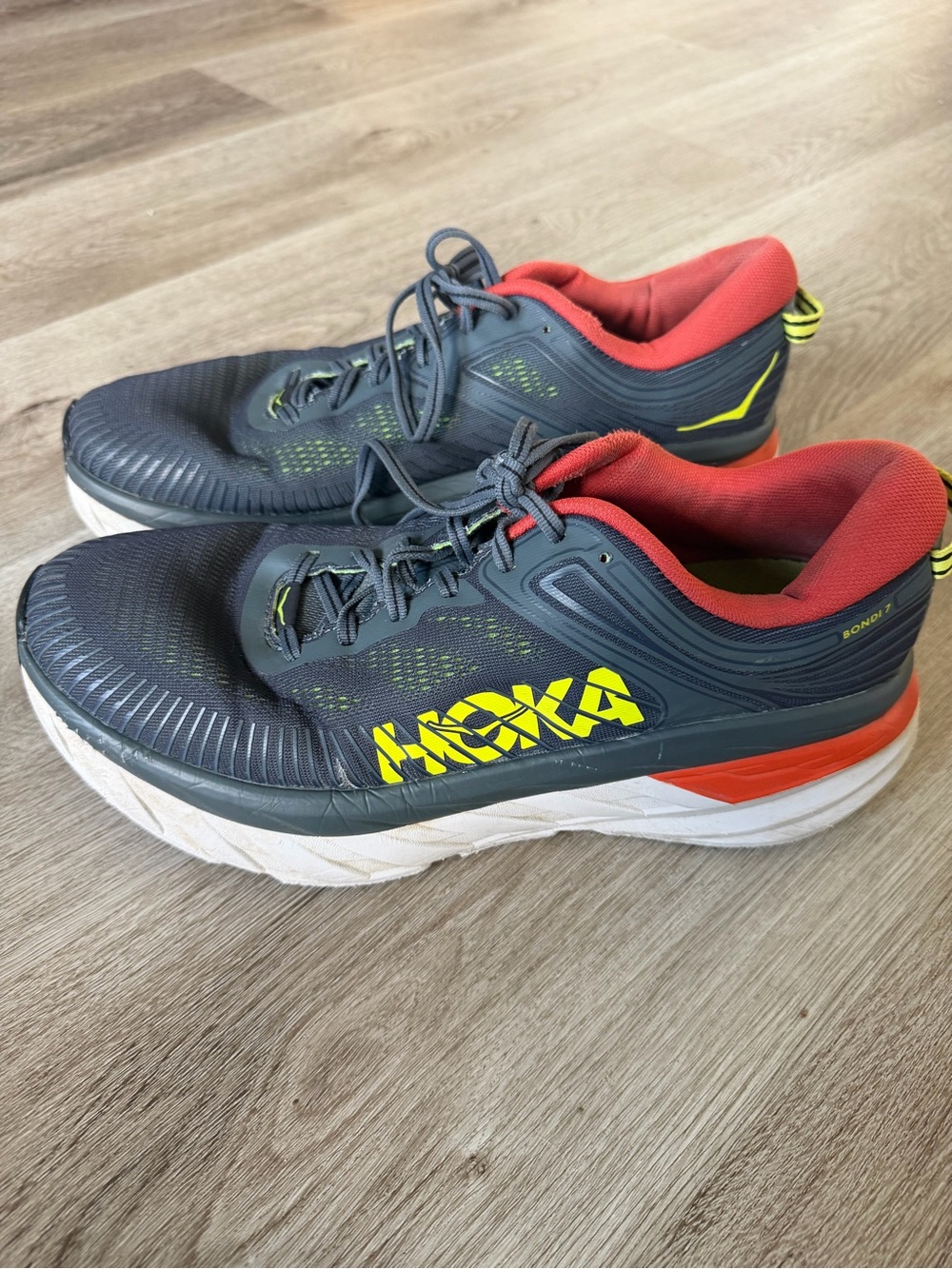 Hoka One One Bondi 7 Men's 11 Turbulence Chili Gray Red Max Cushion Running Shoe